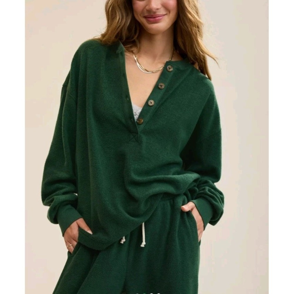 NWT Aerie Sherpa Henley Sweatshirt Womens XS Emerald Green Oversized Relaxed‎